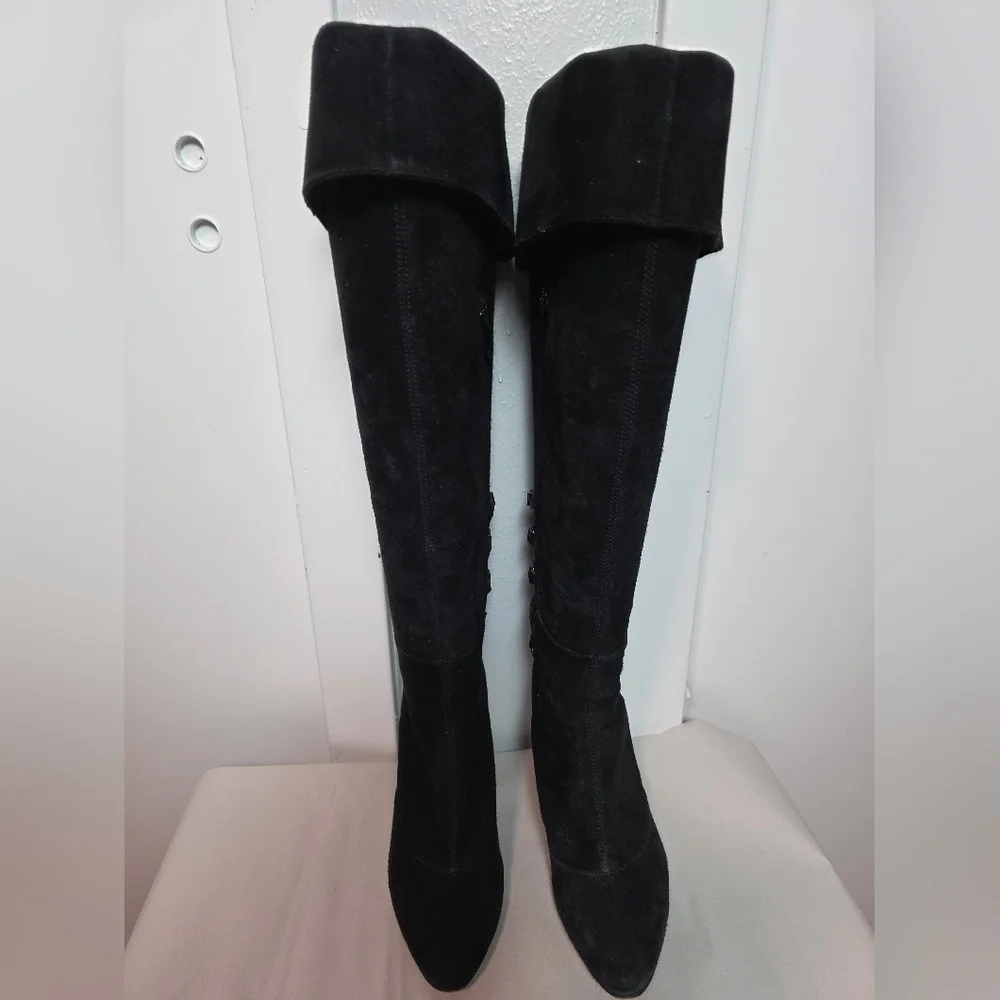 VANELI Black Suede OTK Tall Boots - Lace Up Back with Tassel - Vero Cuoio 6.5